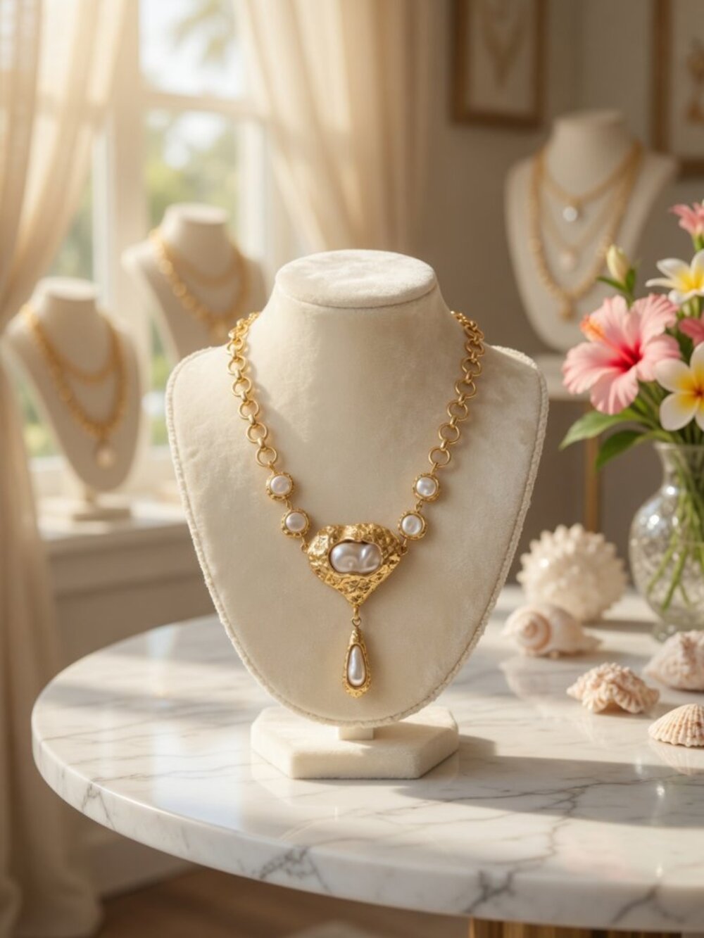 Gold Pearl Statement Necklace, Coastal Boutique Necklace, Baroque Pearl Pendant
